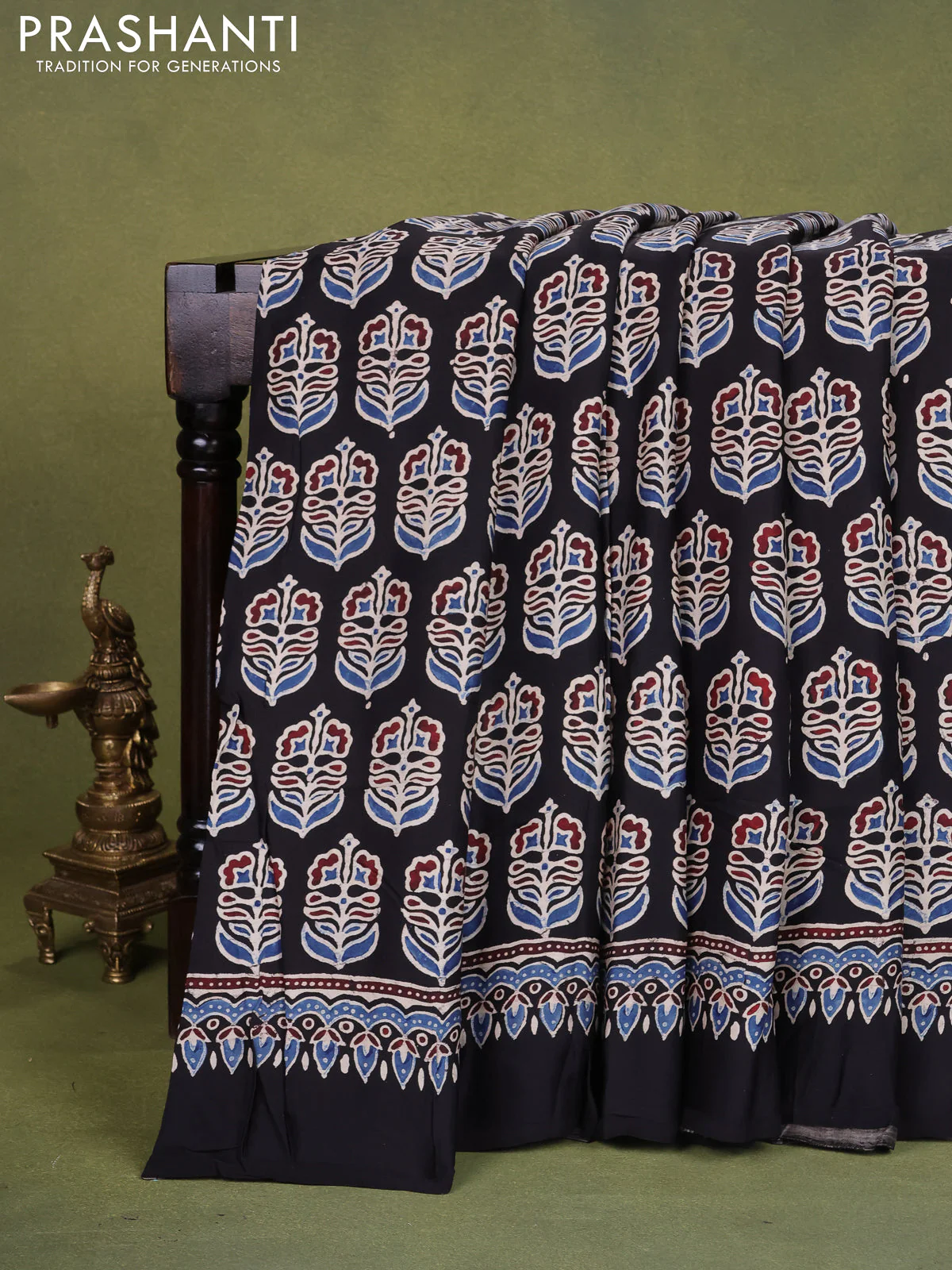 Modal silk saree black with allover ajrakh prints and printed pallu