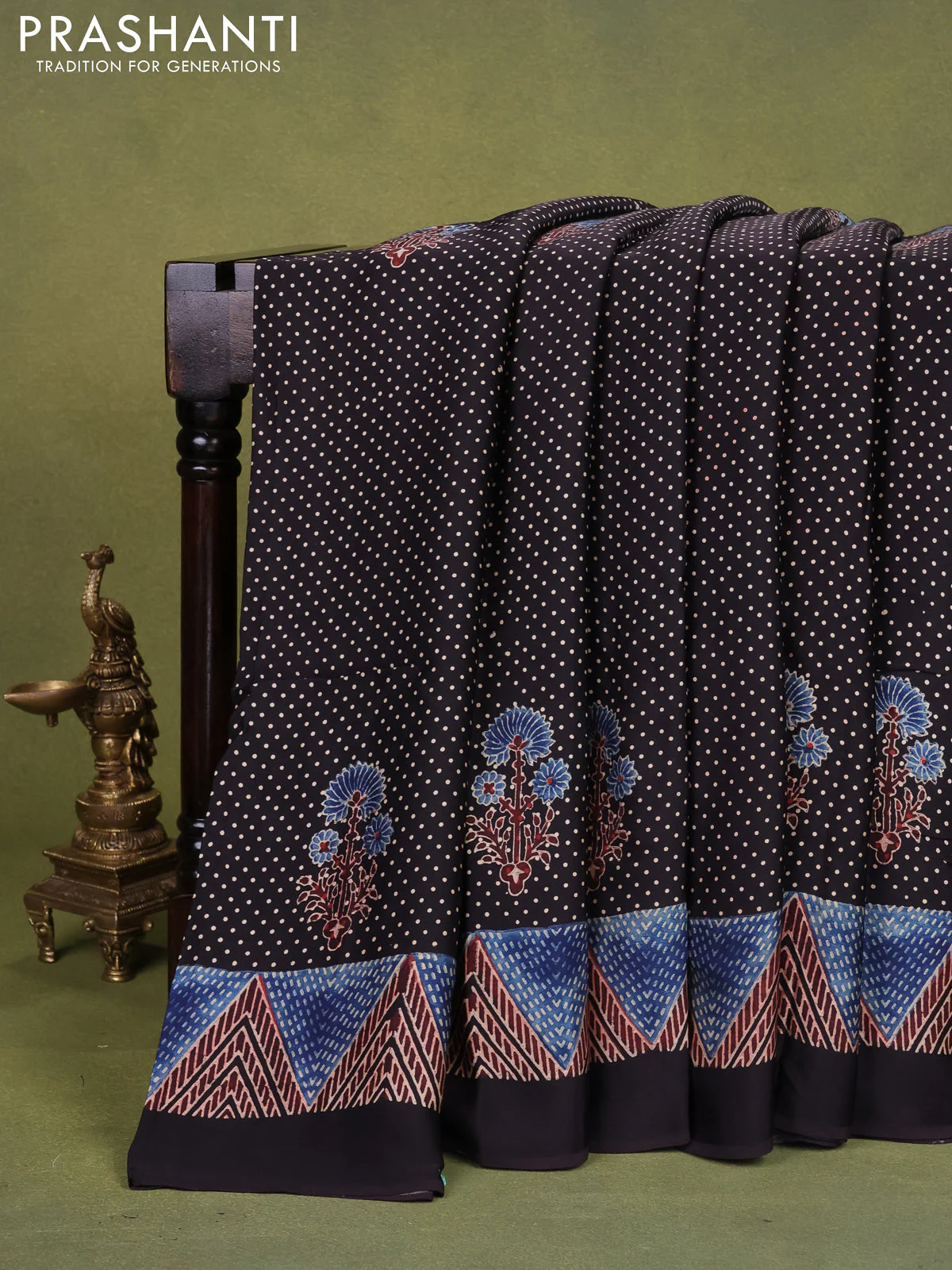 Modal silk saree black with allover ajrakh prints and printed pallu