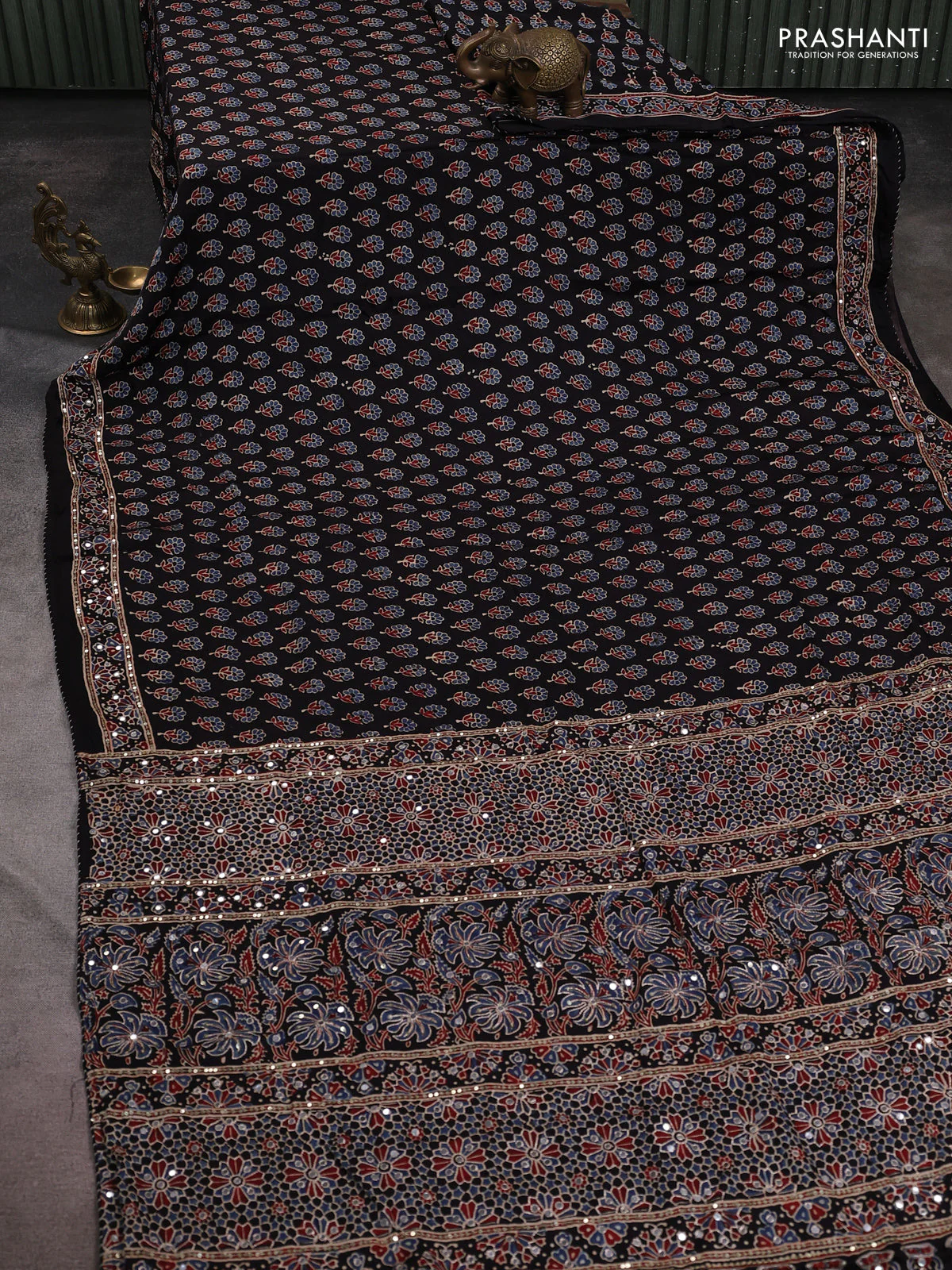 Modal silk saree black with allover ajrakh prints and sequin embroidered work pallu - Image 2