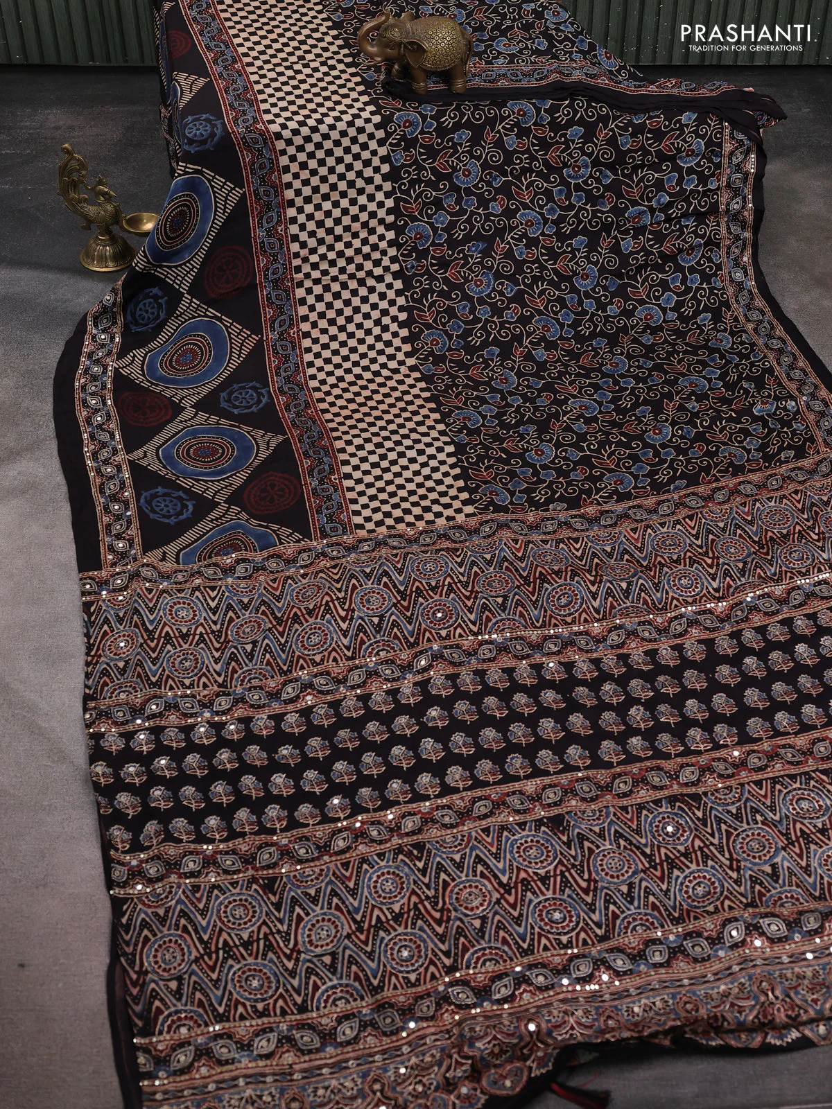 Modal silk saree black with allover ajrakh prints and sequin embroidered work pallu - Image 2