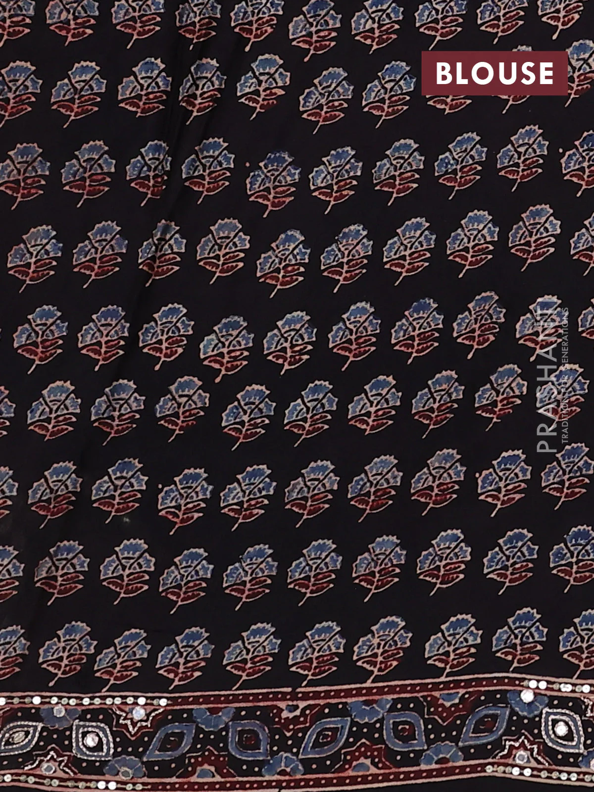 Modal silk saree black with allover ajrakh prints and sequin embroidered work pallu - Image 3