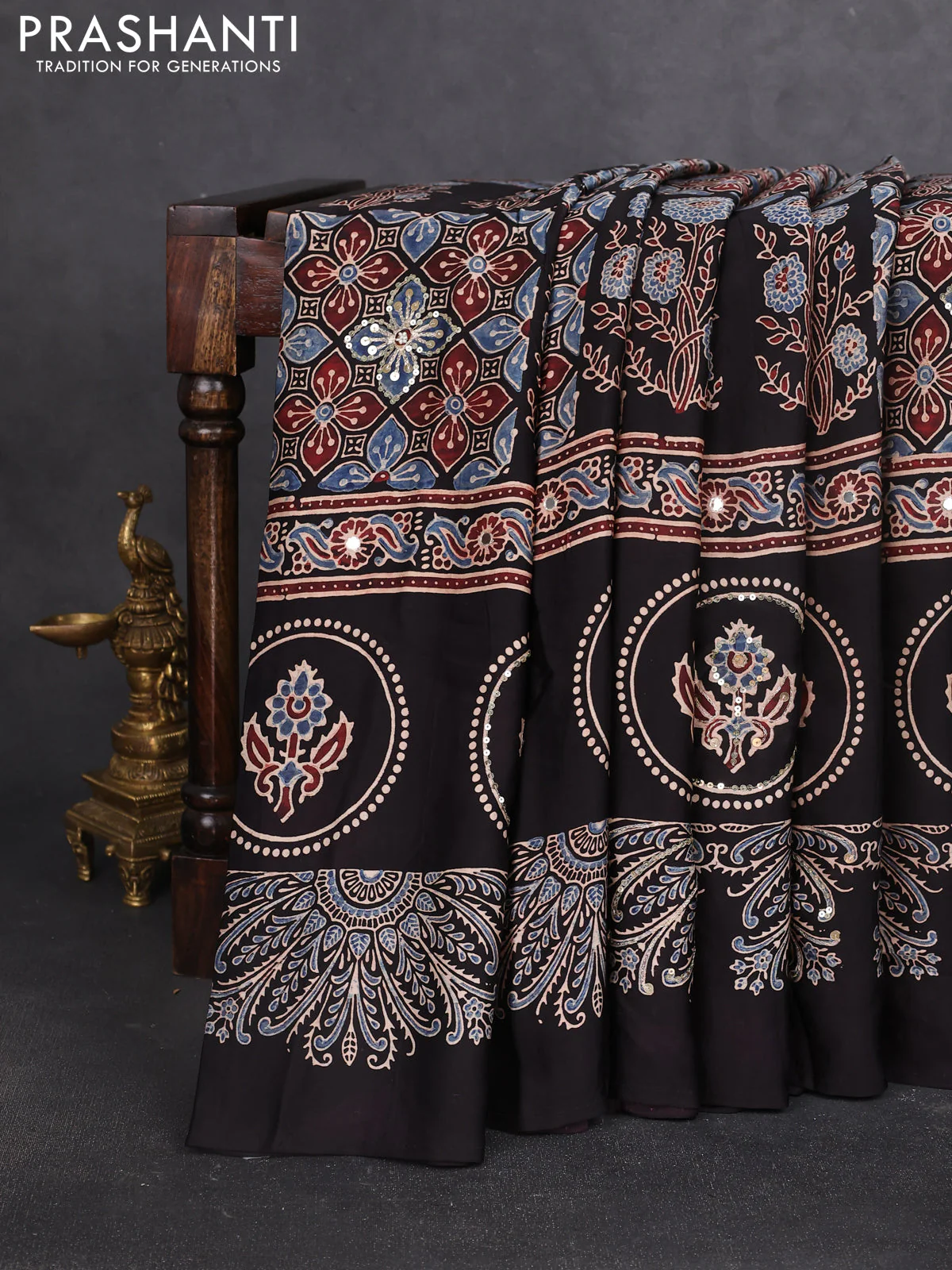 Modal silk saree black with allover ajrakh prints & sequin work and sequin embroidered work pallu