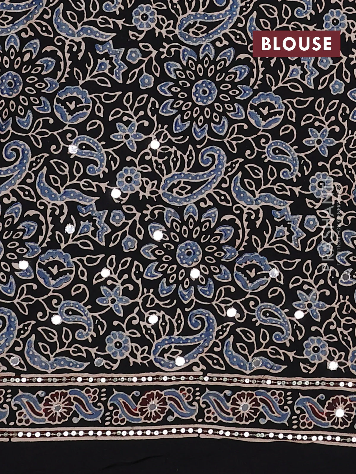 Modal silk saree black with allover ajrakh prints & sequin work and sequin embroidered work pallu - Image 3
