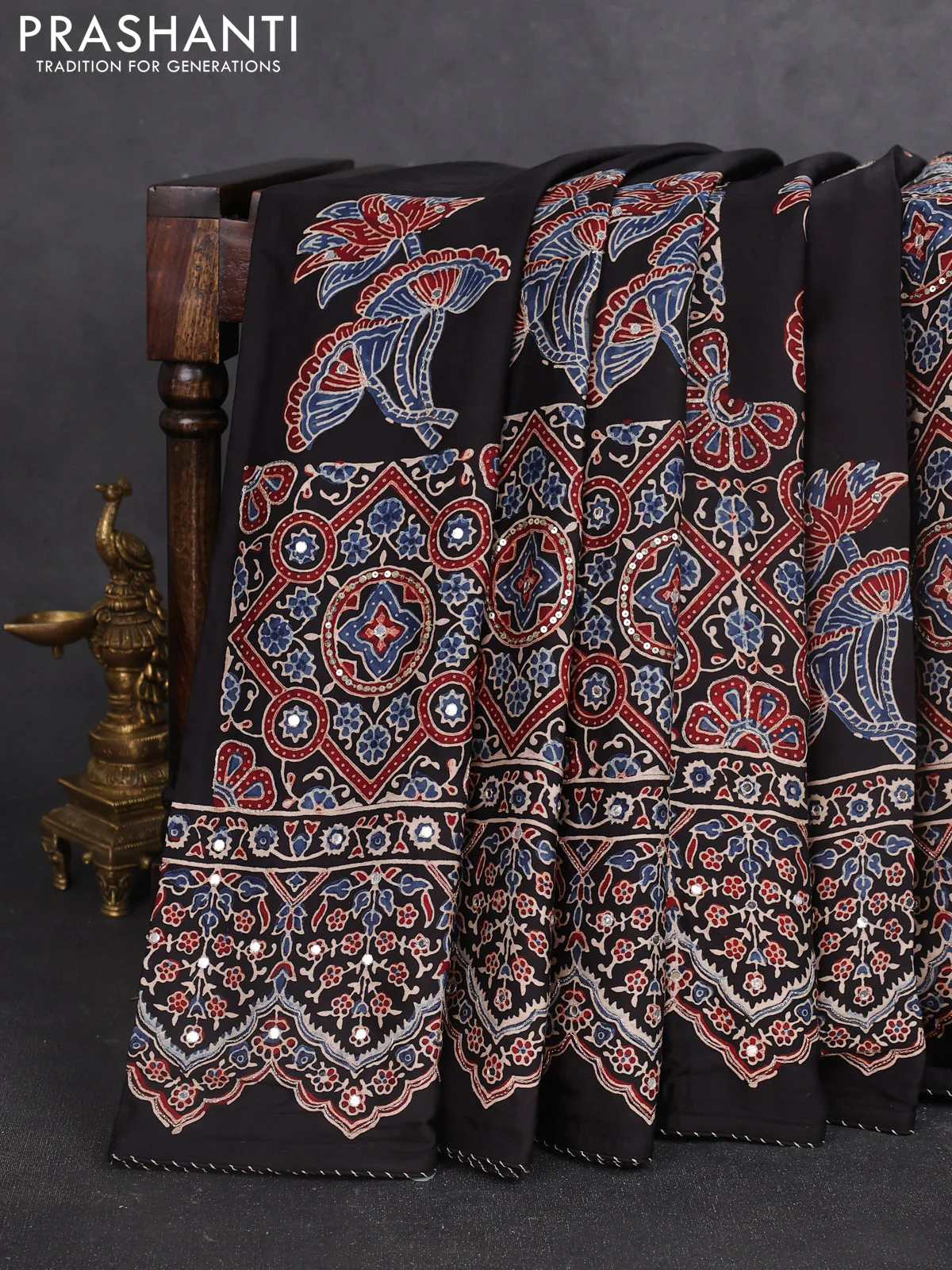 Modal silk saree black with allover ajrakh prints & sequin work and sequin embroidered work pallu