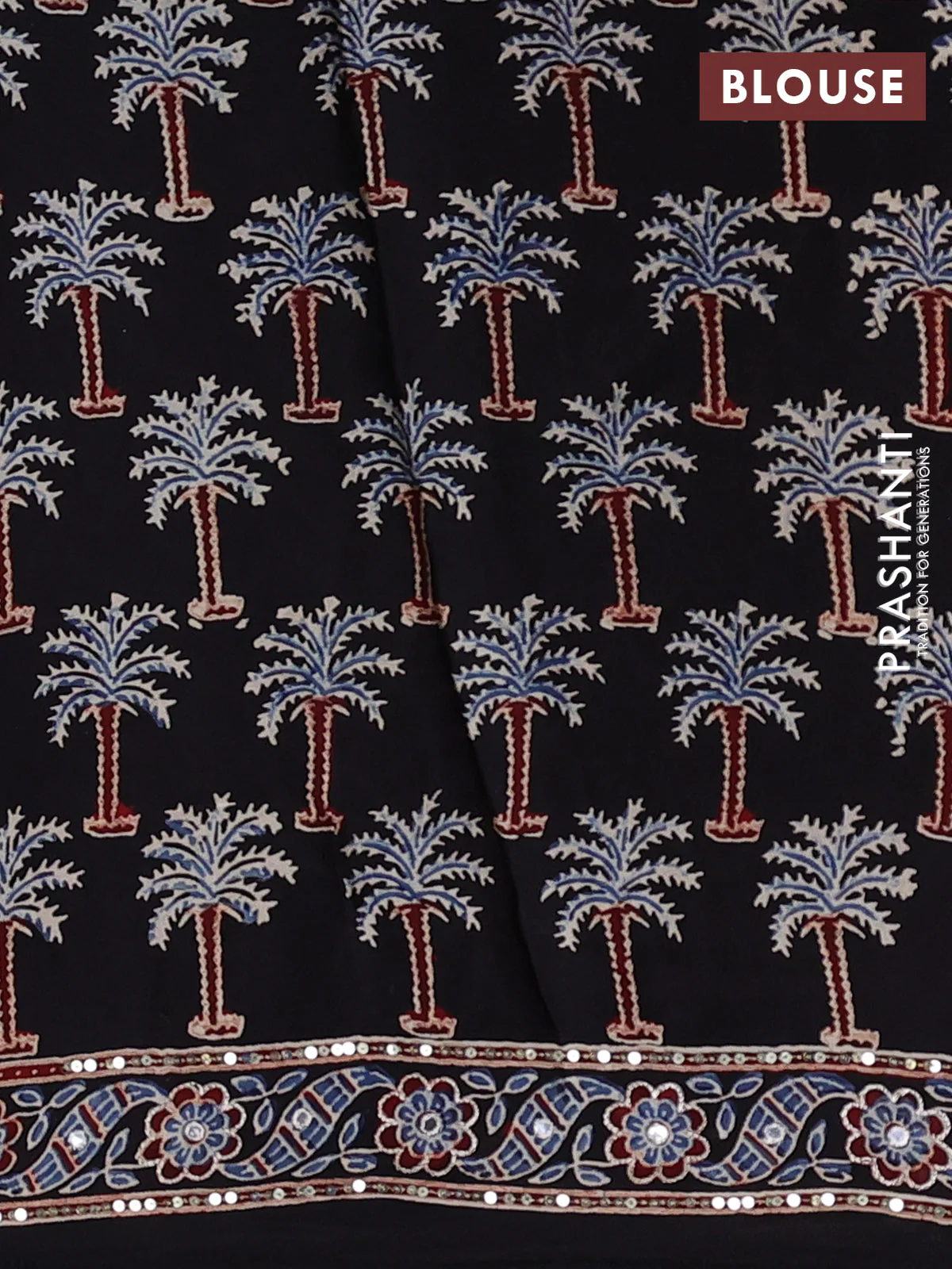 Modal silk saree black with allover ajrakh prints & sequin work and sequin embroidered work pallu - Image 3