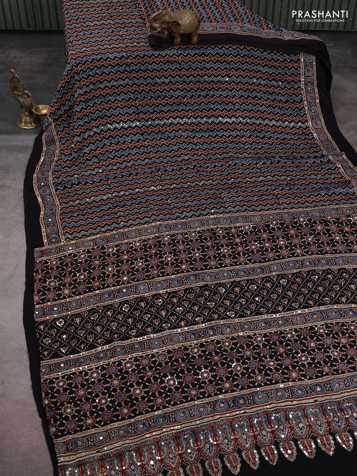 Modal silk saree black with allover ajrakh prints & sequin work and sequin embroidered work pallu - Image 2