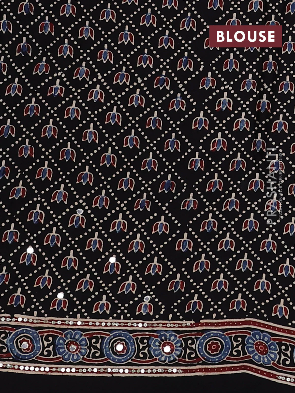 Modal silk saree black with allover ajrakh prints & sequin work and sequin embroidered work pallu - Image 3