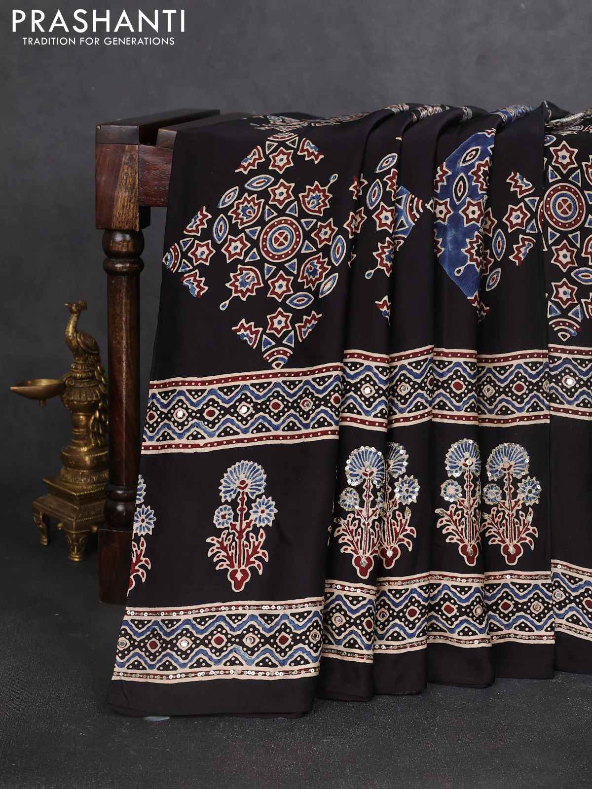 Modal silk saree black with allover ajrakh prints & sequin work and sequin embroidered work pallu