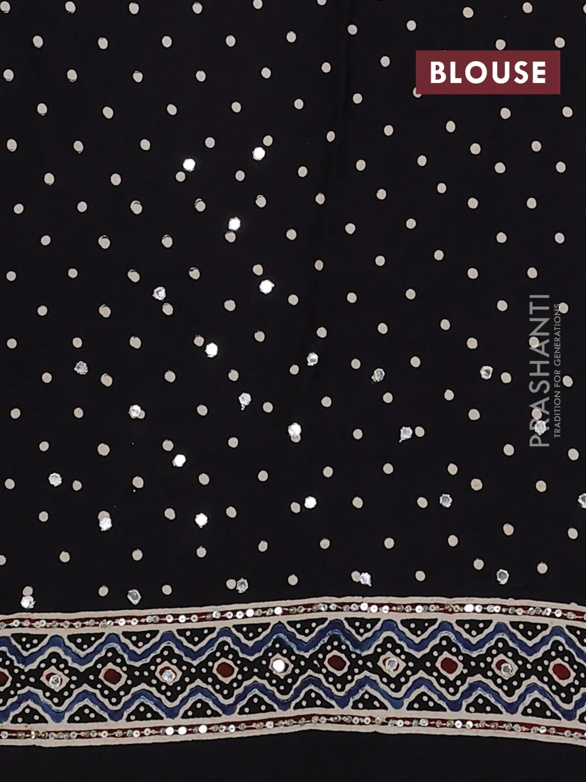 Modal silk saree black with allover ajrakh prints & sequin work and sequin embroidered work pallu - Image 3