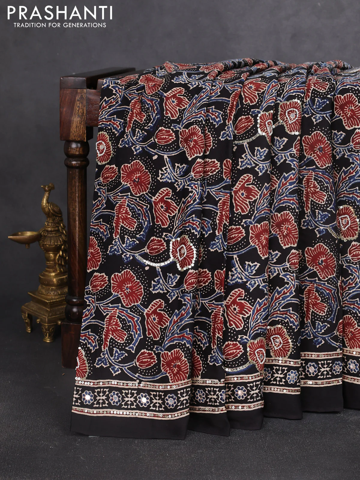 Modal silk saree black with allover ajrakh prints & sequin work and sequin embroidered work pallu