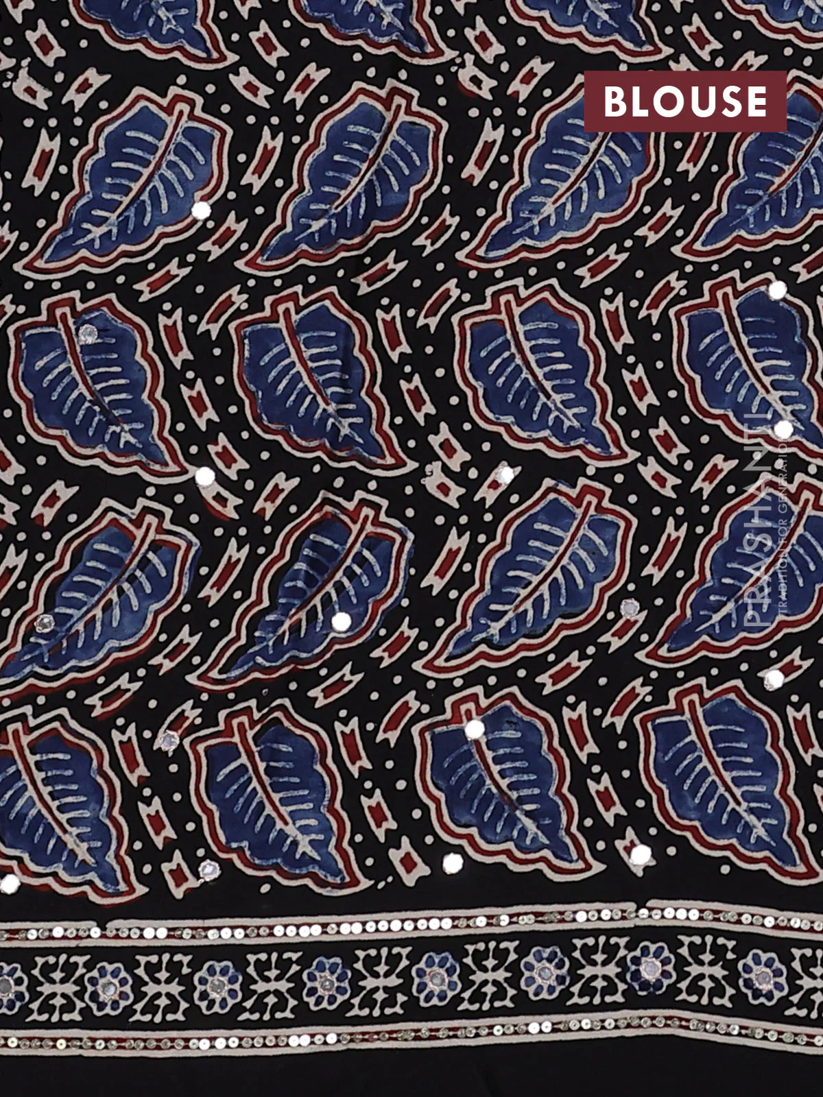 Modal silk saree black with allover ajrakh prints & sequin work and sequin embroidered work pallu - Image 3