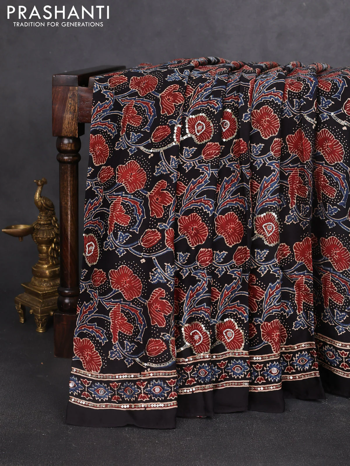 Modal silk saree black with allover ajrakh prints & sequin work and sequin embroidered work pallu