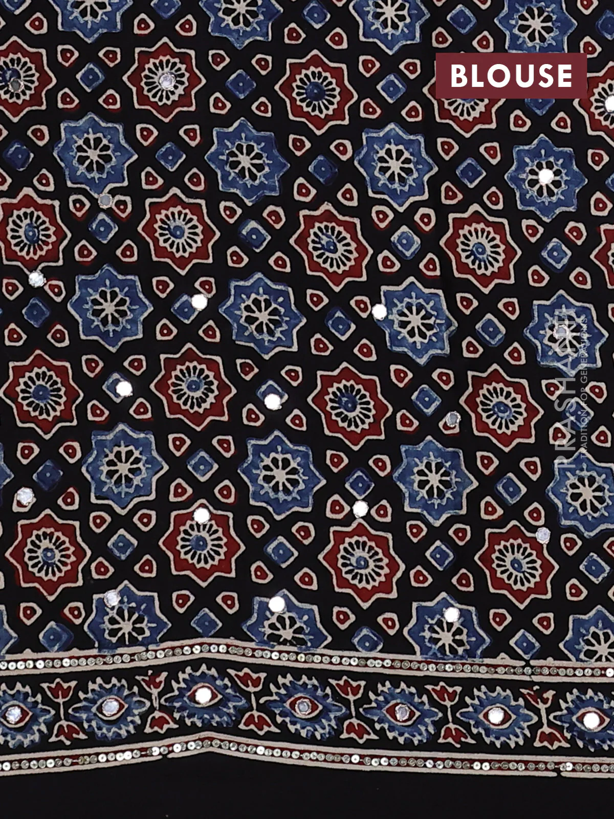 Modal silk saree black with allover ajrakh prints & sequin work and sequin embroidered work pallu - Image 3