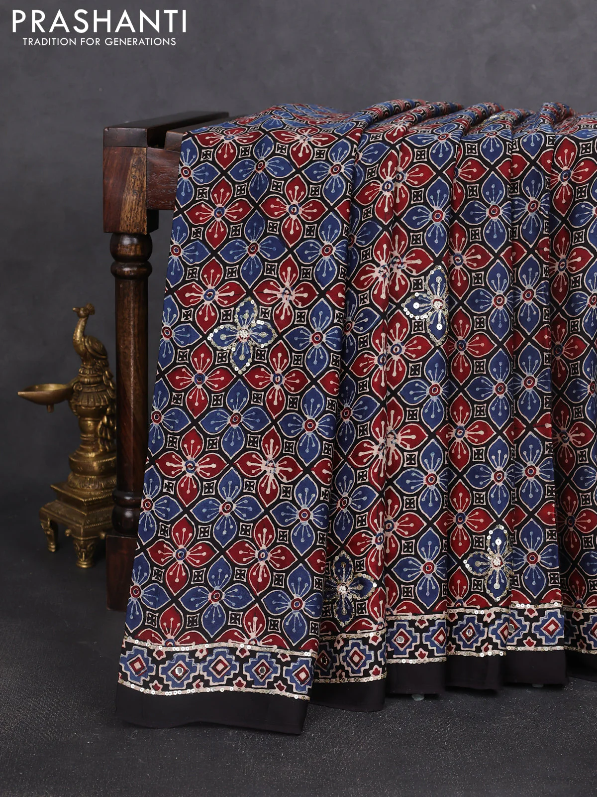 Modal silk saree black with allover ajrakh prints & sequin work and sequin embroidered work pallu