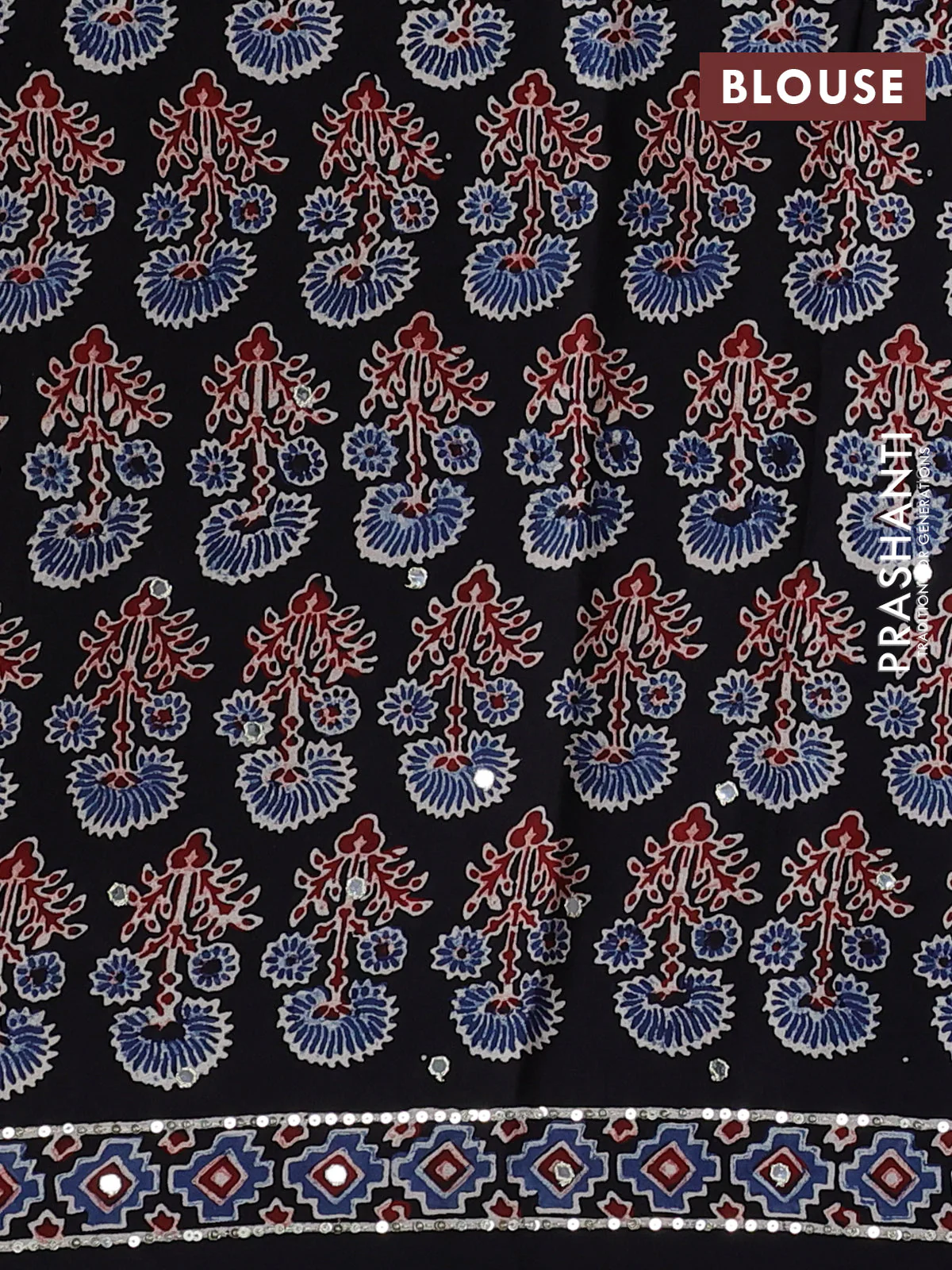 Modal silk saree black with allover ajrakh prints & sequin work and sequin embroidered work pallu - Image 3