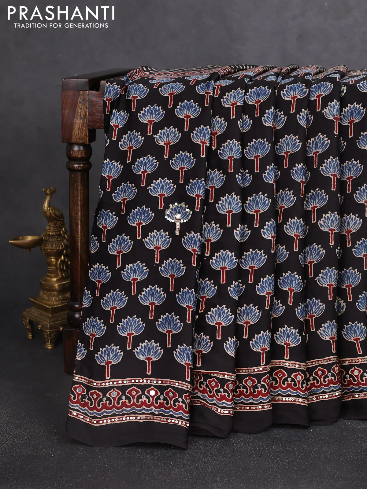 Modal silk saree black with half & half style ajrakh prints and ajrakh prints & sequin embroidered work pallu