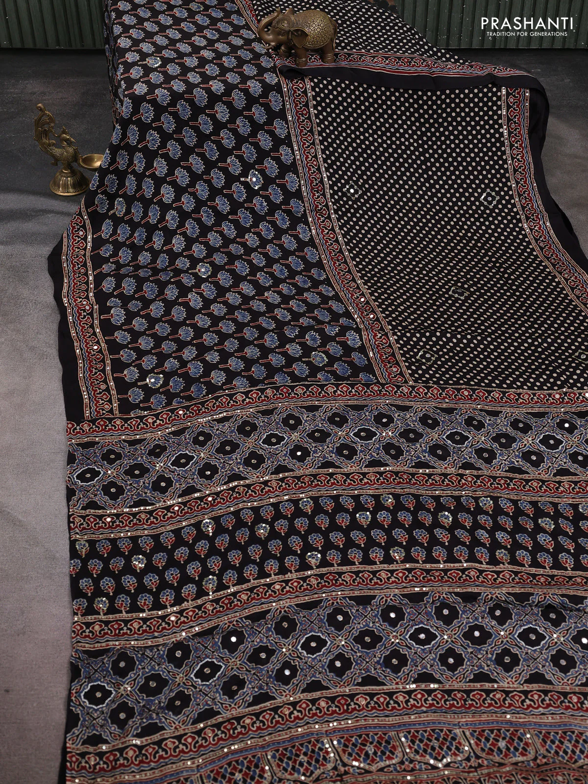 Modal silk saree black with half & half style ajrakh prints and ajrakh prints & sequin embroidered work pallu - Image 2