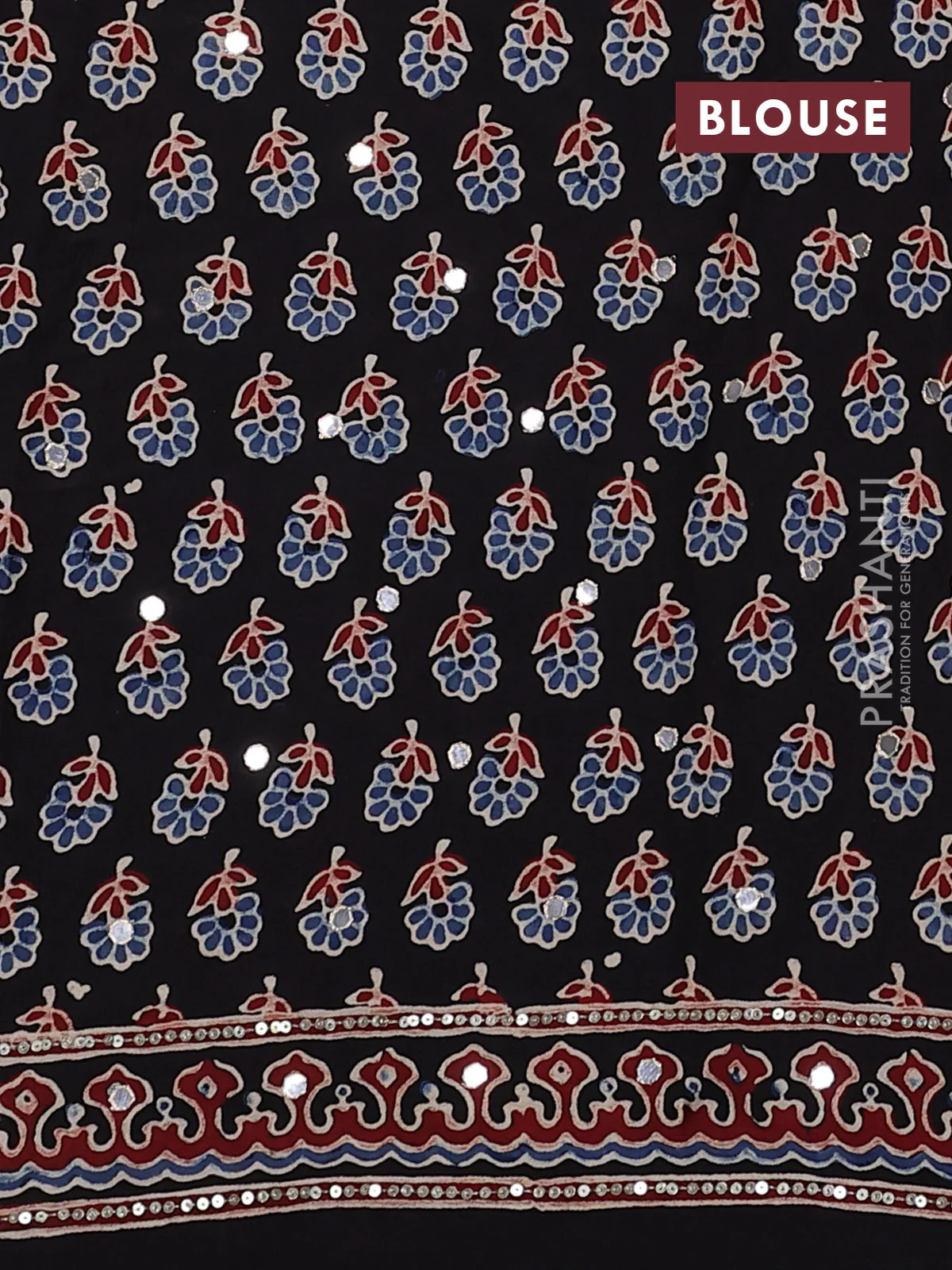 Modal silk saree black with half & half style ajrakh prints and ajrakh prints & sequin embroidered work pallu - Image 3