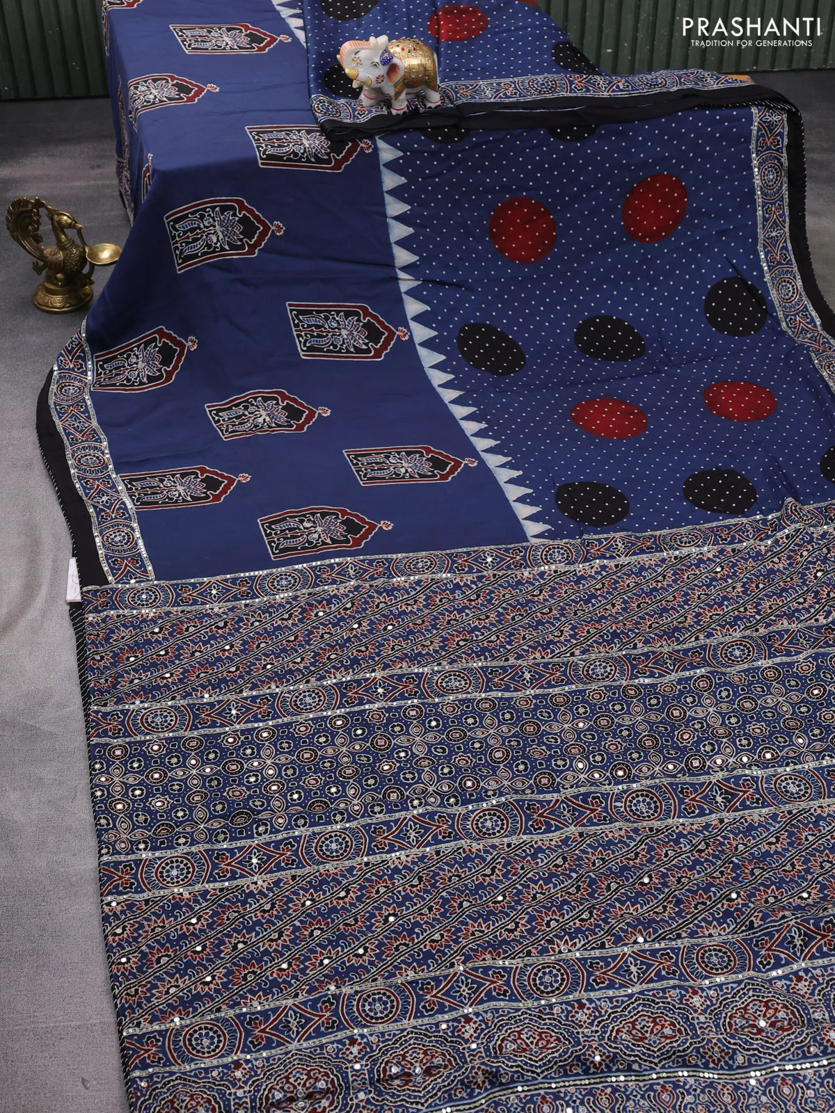 Modal silk saree blue and black with allover ajrakh prints and sequin embroidered work pallu - Image 2