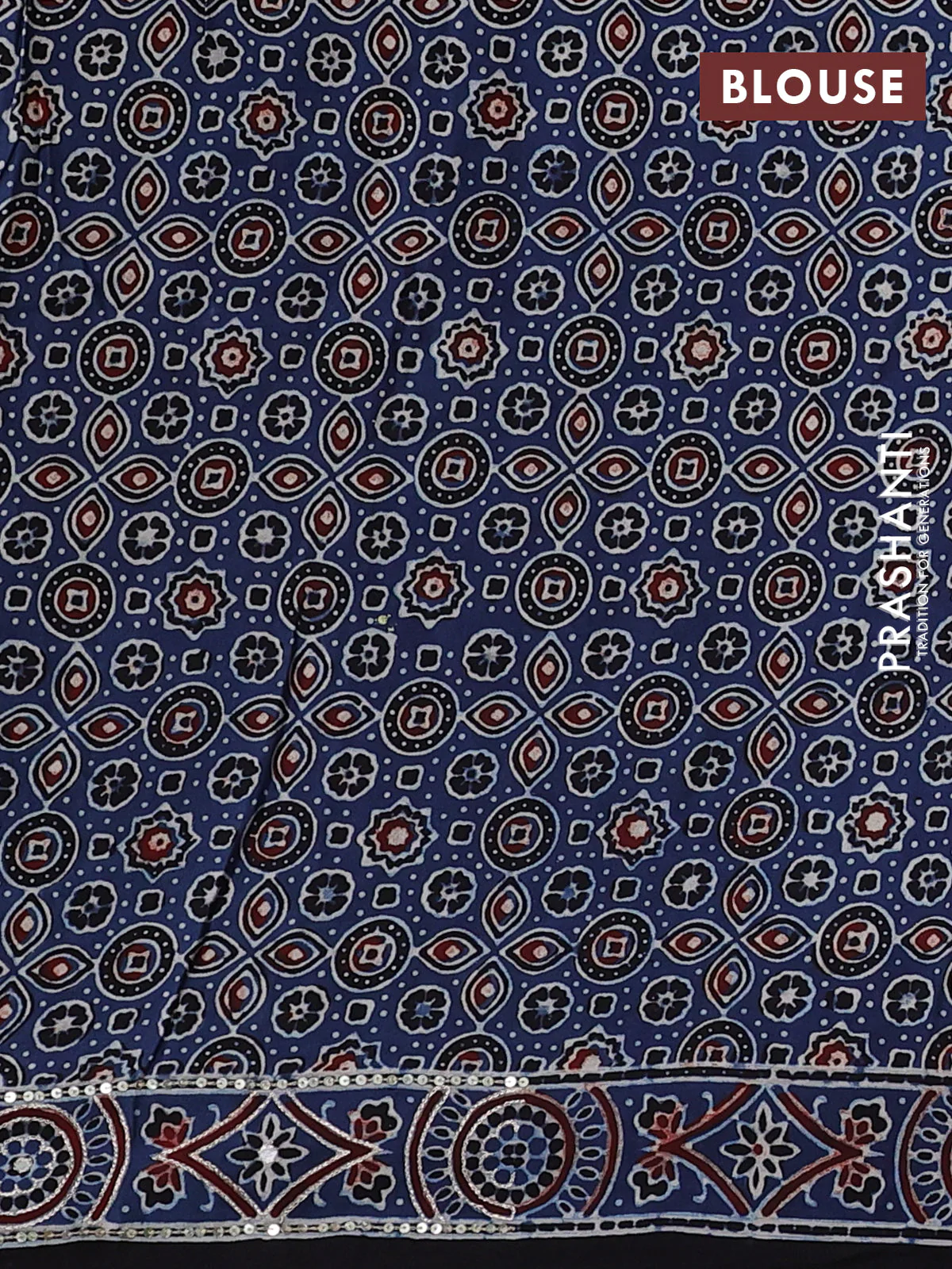 Modal silk saree blue and black with allover ajrakh prints and sequin embroidered work pallu - Image 3