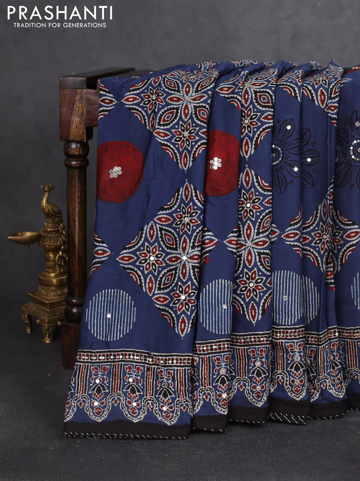 Modal silk saree blue and black with allover ajrakh prints & mirror work and sequin embroidered work pallu