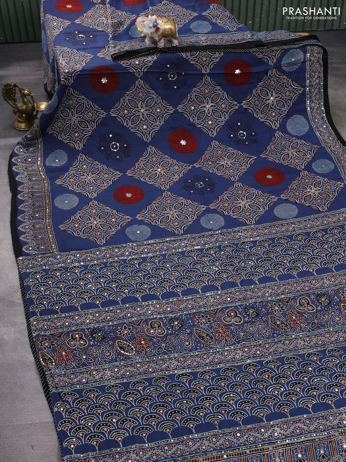 Modal silk saree blue and black with allover ajrakh prints & mirror work and sequin embroidered work pallu - Image 2