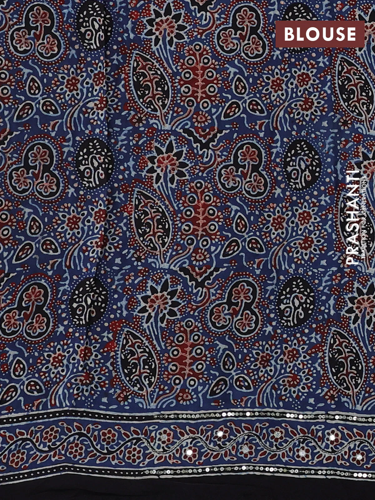 Modal silk saree blue and black with allover ajrakh prints & mirror work and sequin embroidered work pallu - Image 3