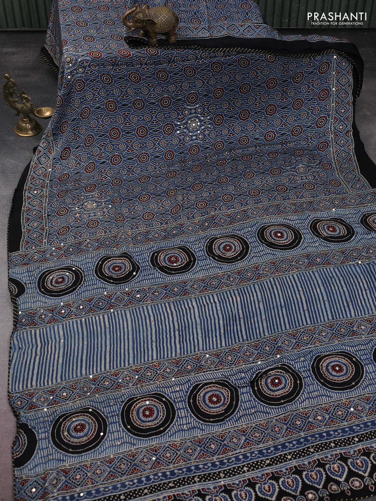 Modal silk saree blue and black with allover ajrakh prints & pita work and embroidery pallu - Image 2