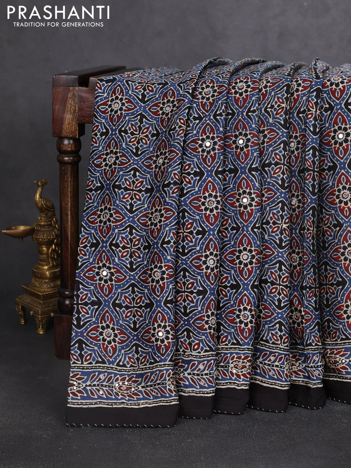 Modal silk saree blue and black with allover ajrakh prints & sequin work and sequin embroidered work pallu