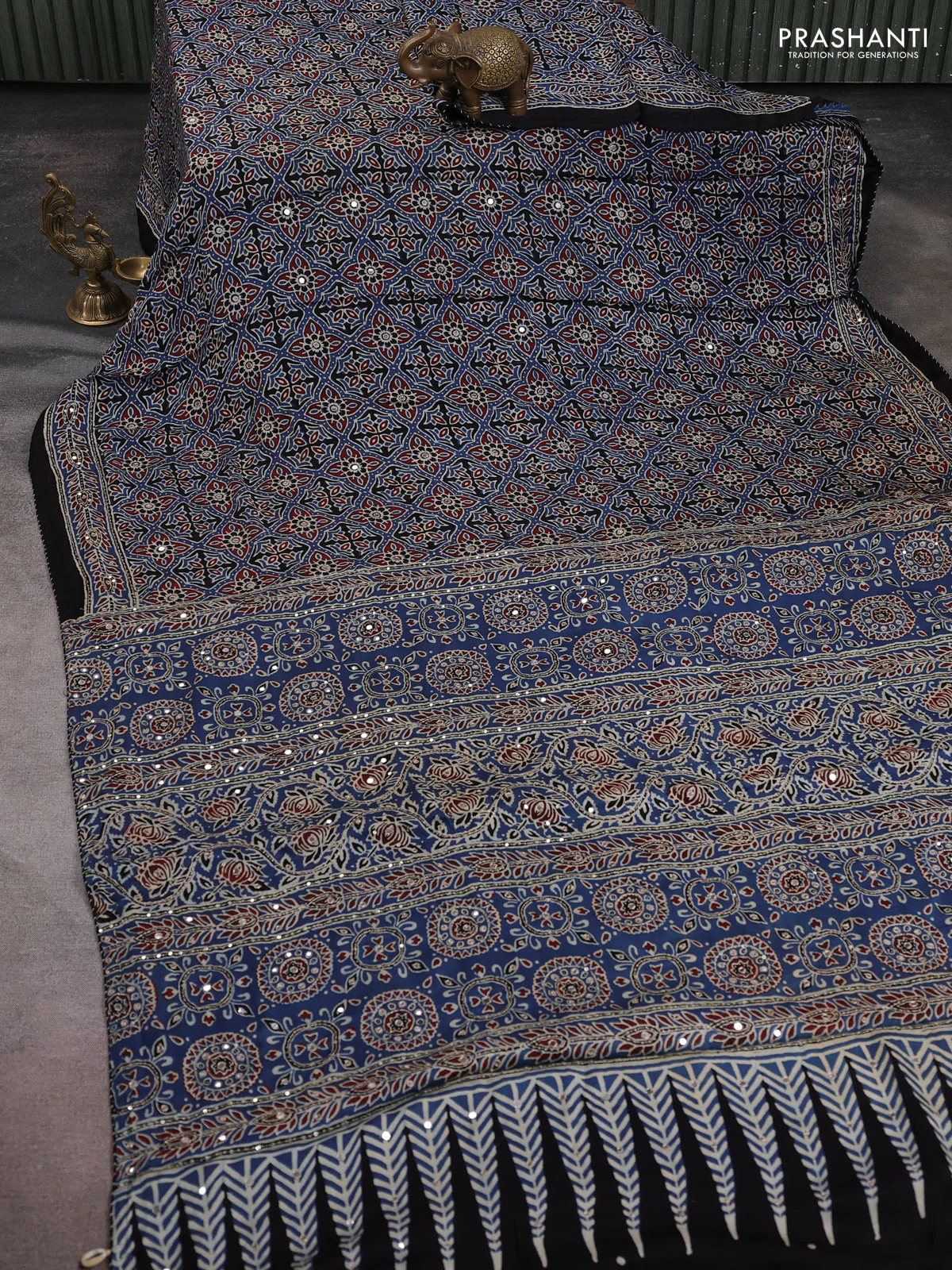 Modal silk saree blue and black with allover ajrakh prints & sequin work and sequin embroidered work pallu - Image 2