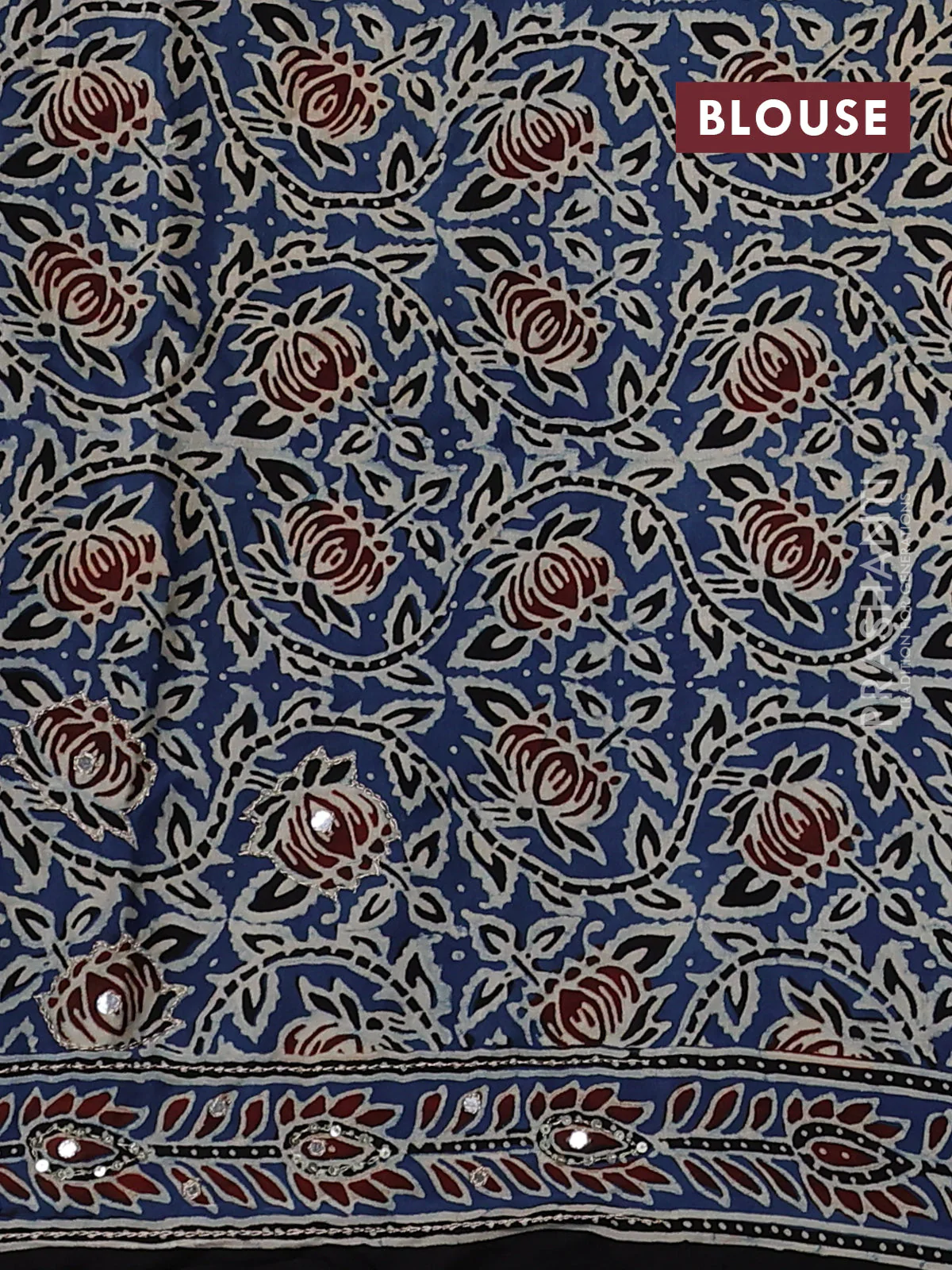 Modal silk saree blue and black with allover ajrakh prints & sequin work and sequin embroidered work pallu - Image 3