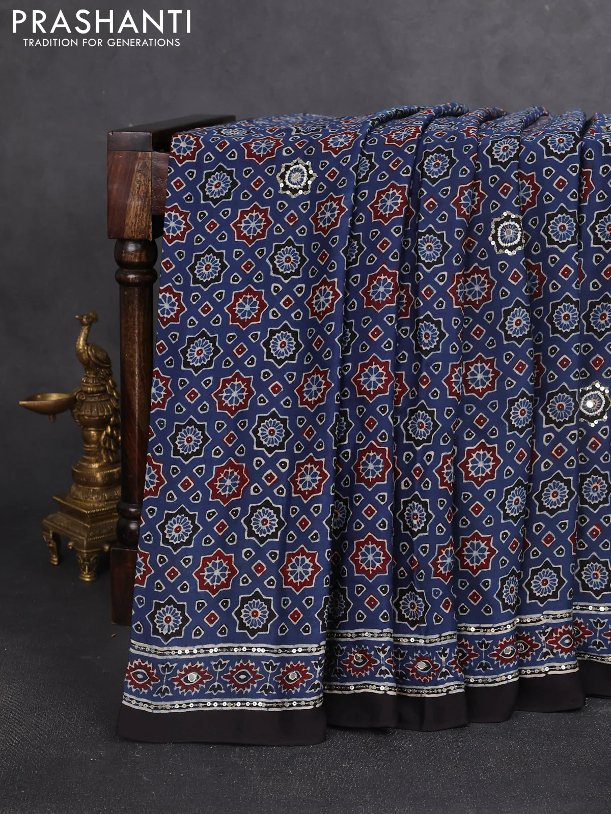 Modal silk saree blue and black with allover ajrakh prints & sequin work and sequin embroidered work pallu