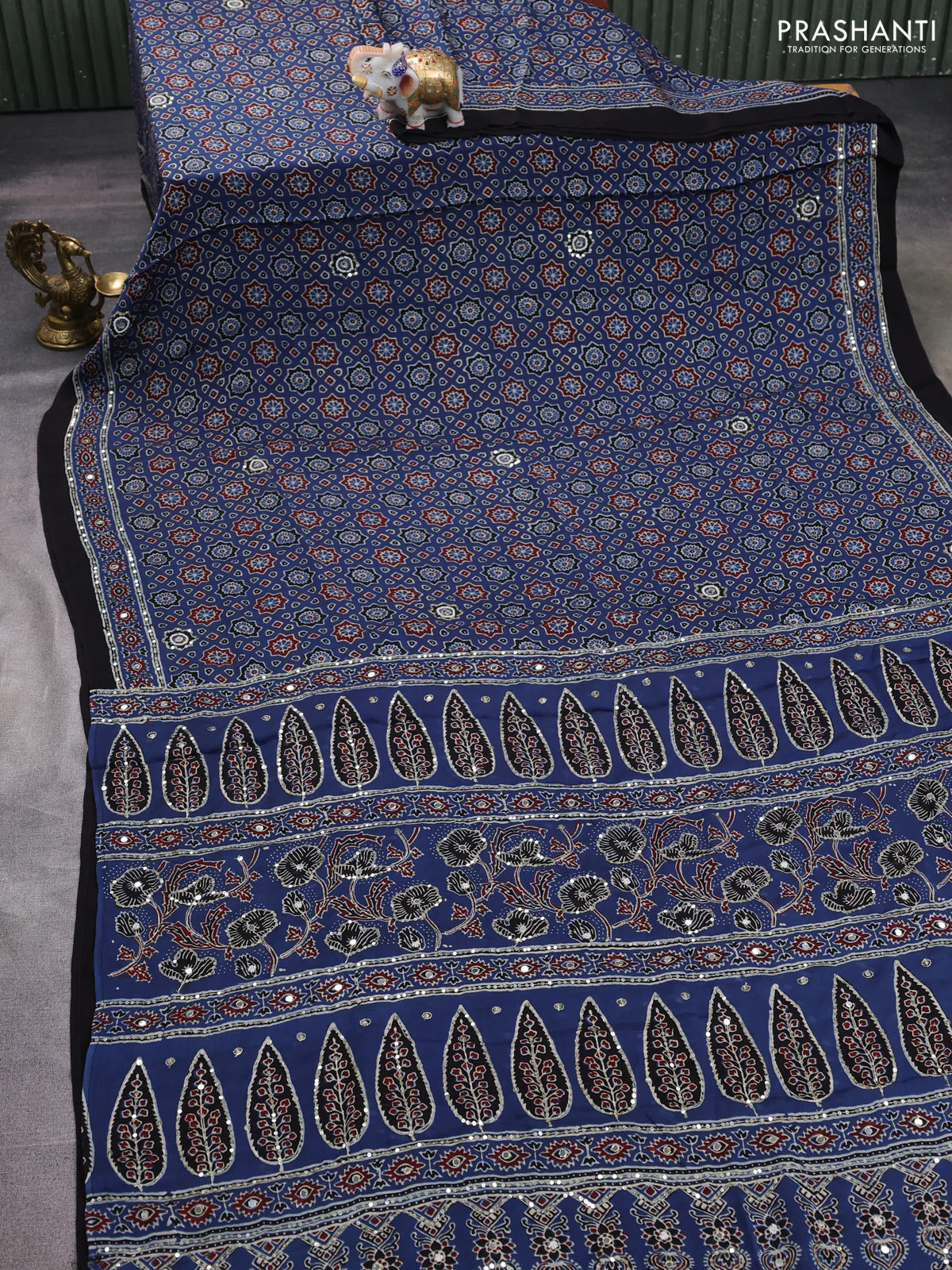 Modal silk saree blue and black with allover ajrakh prints & sequin work and sequin embroidered work pallu - Image 2