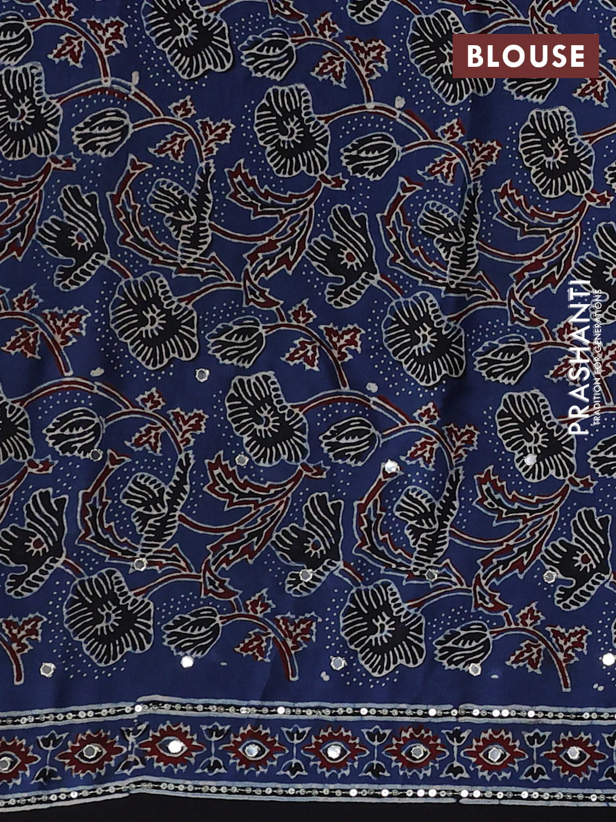 Modal silk saree blue and black with allover ajrakh prints & sequin work and sequin embroidered work pallu - Image 3