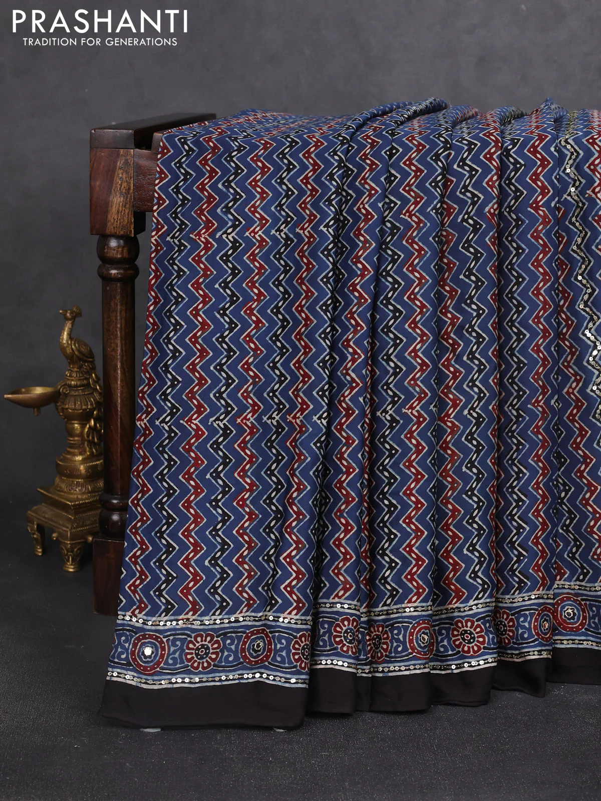 Modal silk saree blue and black with allover ajrakh prints & sequin work and sequin embroidered work pallu