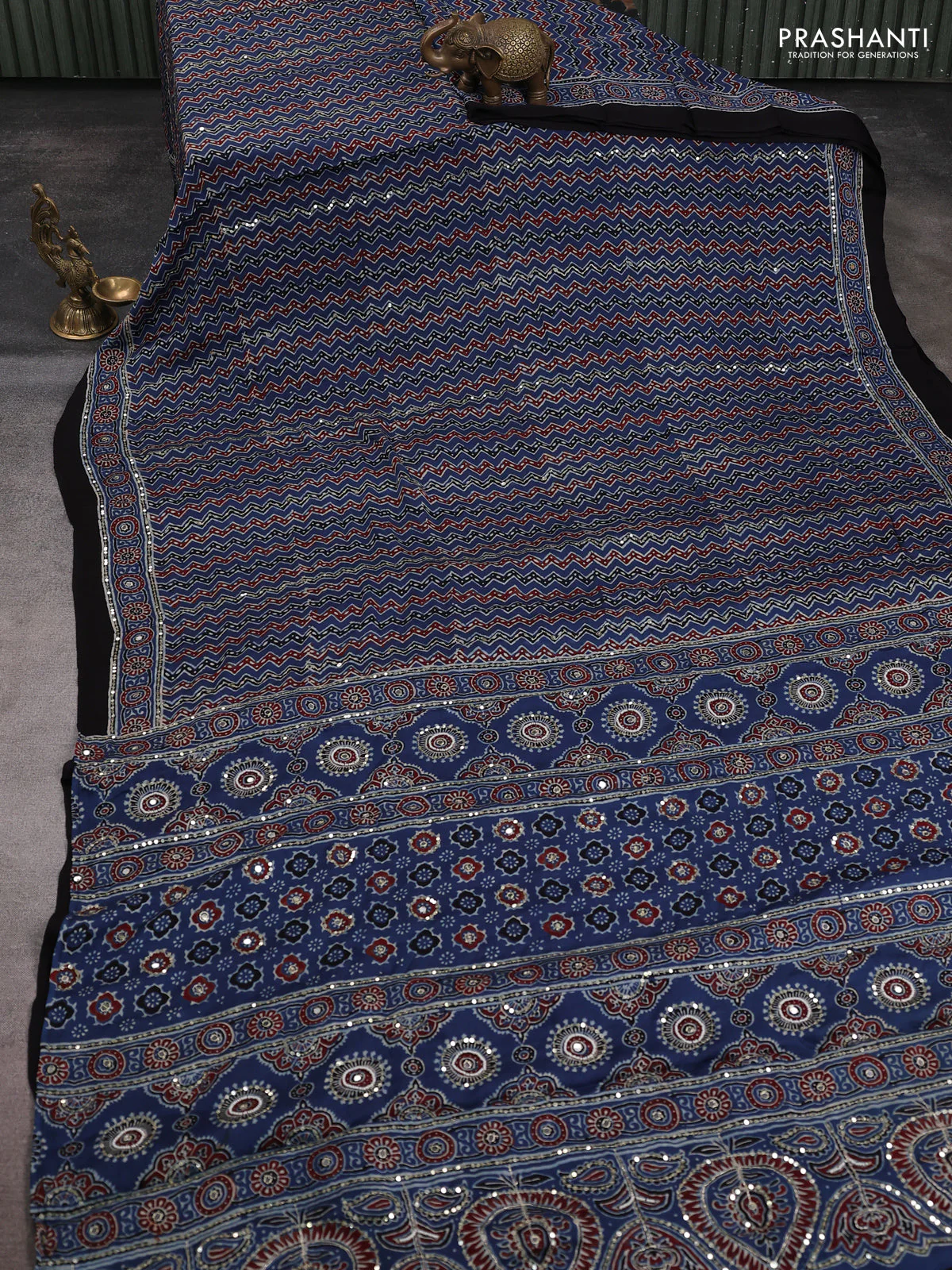Modal silk saree blue and black with allover ajrakh prints & sequin work and sequin embroidered work pallu - Image 2