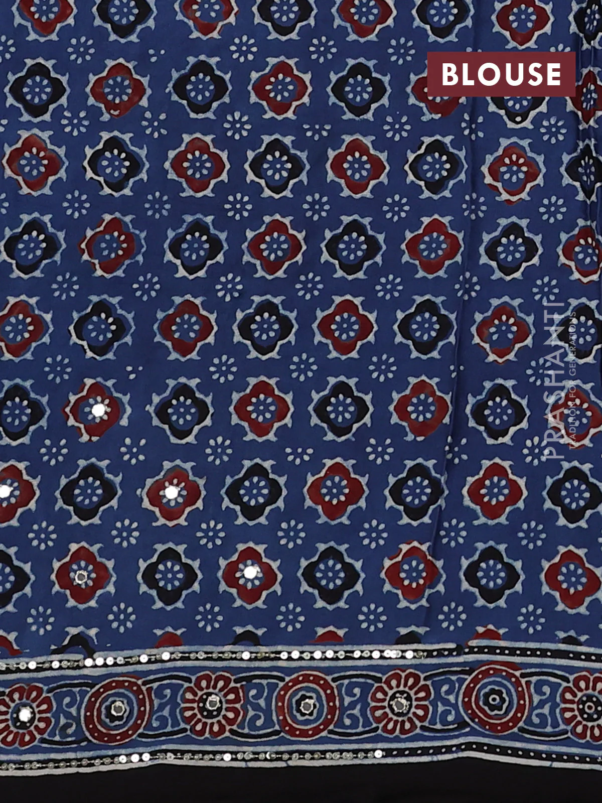 Modal silk saree blue and black with allover ajrakh prints & sequin work and sequin embroidered work pallu - Image 3