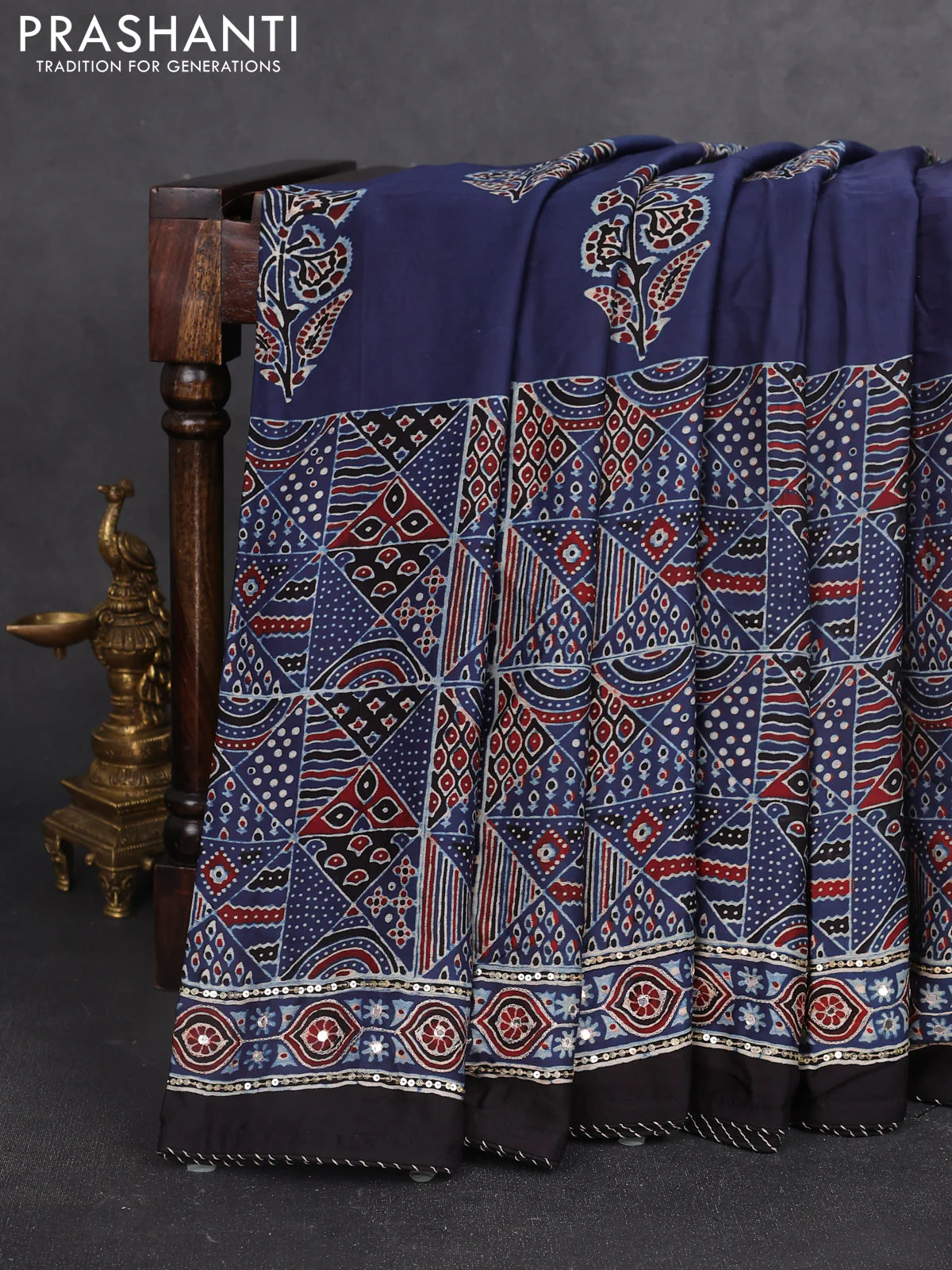 Modal silk saree blue and black with allover ajrakh prints & sequin work and sequin embroidered work pallu