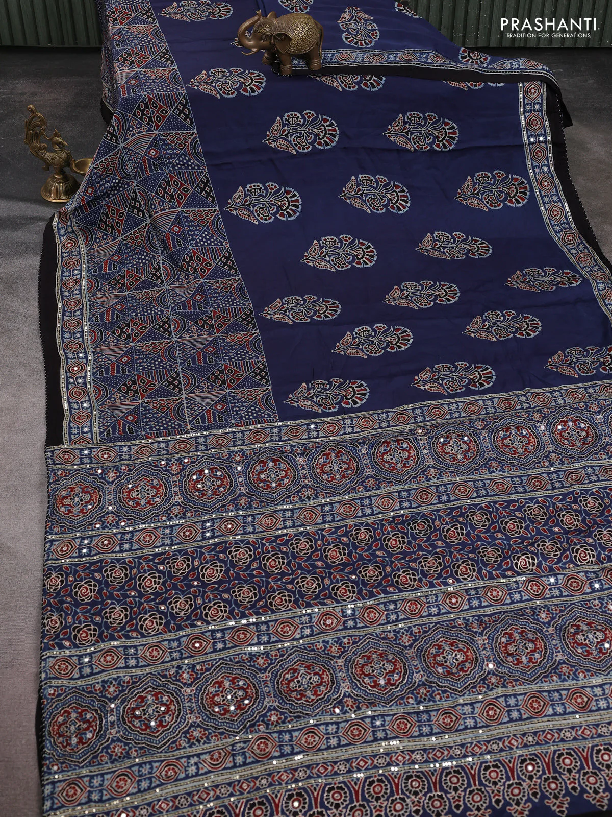 Modal silk saree blue and black with allover ajrakh prints & sequin work and sequin embroidered work pallu - Image 2