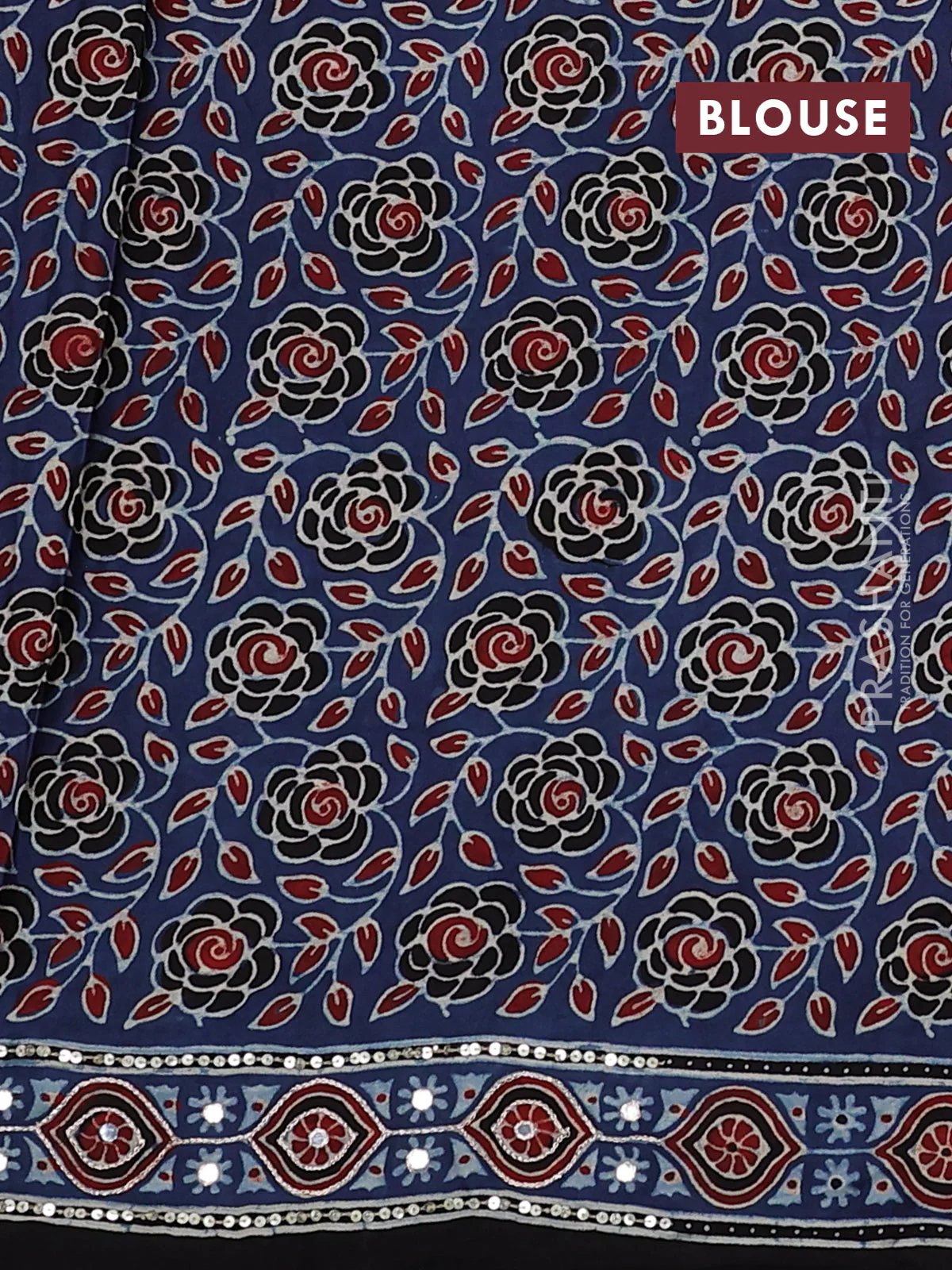 Modal silk saree blue and black with allover ajrakh prints & sequin work and sequin embroidered work pallu - Image 3