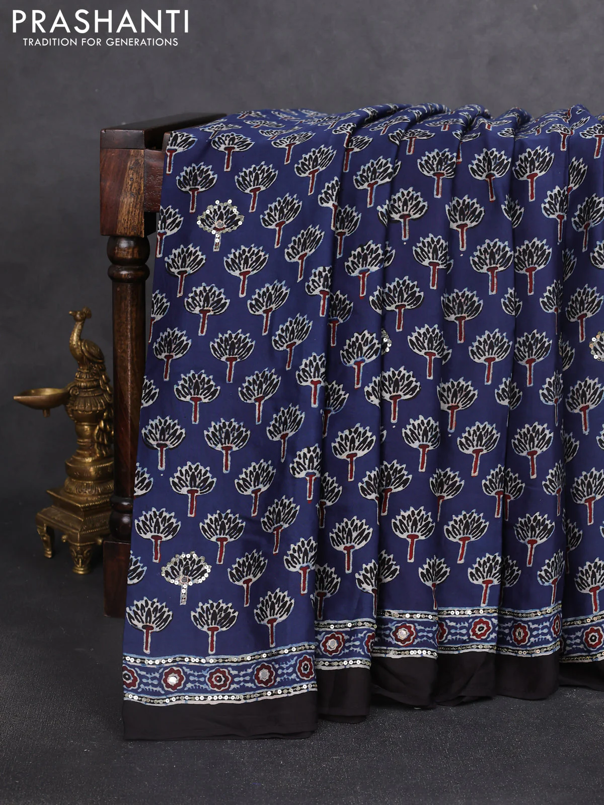 Modal silk saree blue and black with allover ajrakh prints & sequin work and sequin embroidered work pallu