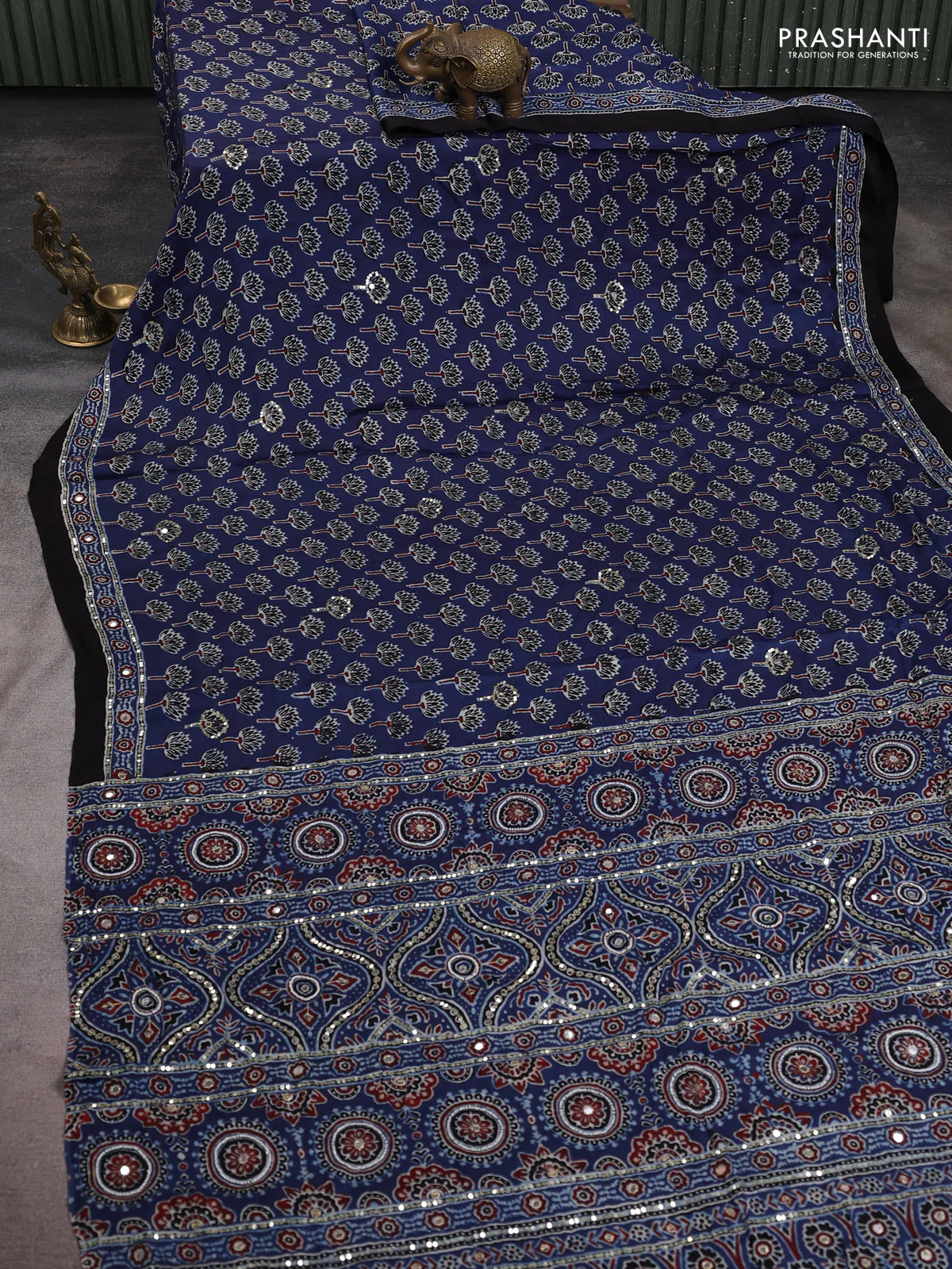 Modal silk saree blue and black with allover ajrakh prints & sequin work and sequin embroidered work pallu - Image 2