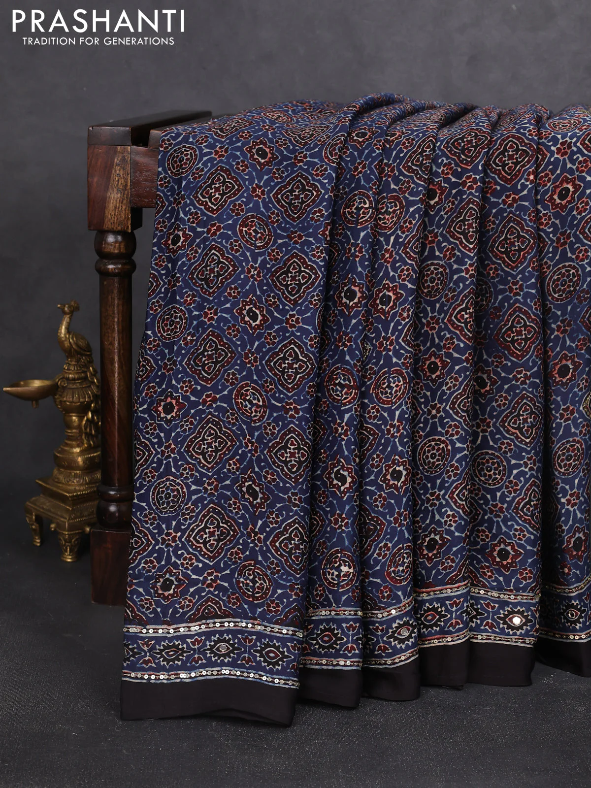 Modal silk saree blue and black with allover ajrakh prints & sequin work and sequin embroidered work pallu