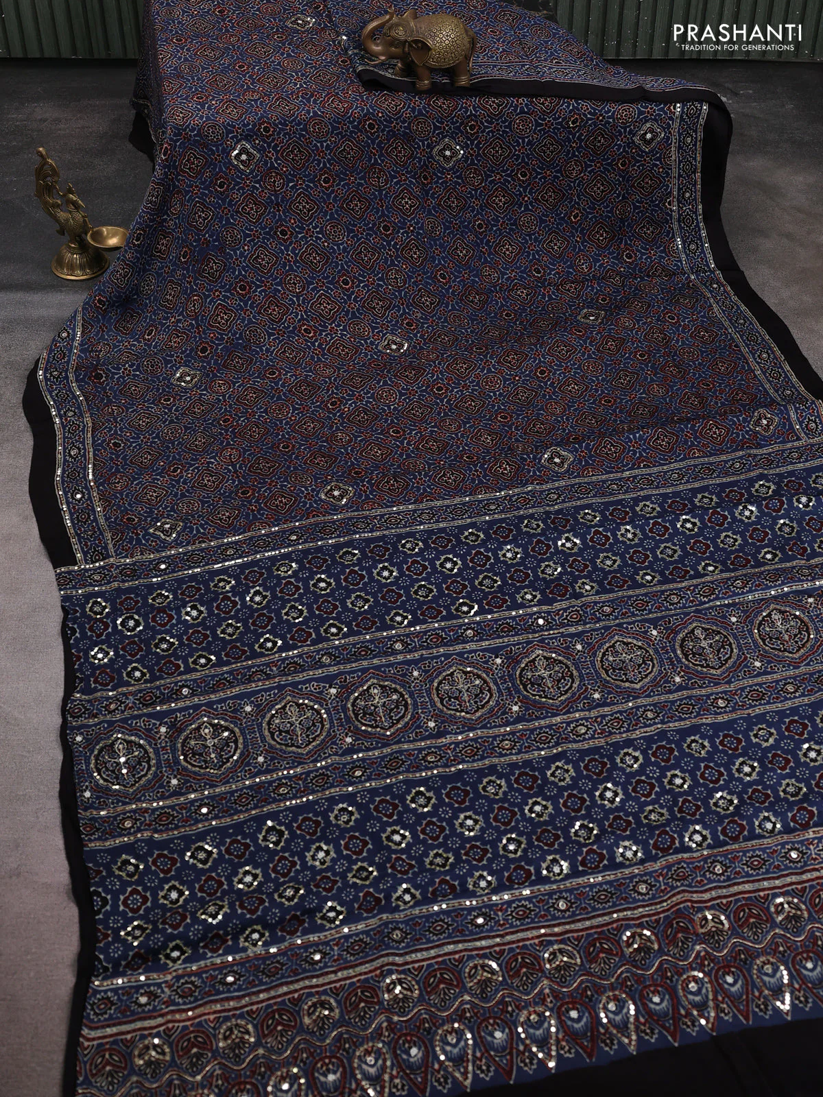 Modal silk saree blue and black with allover ajrakh prints & sequin work and sequin embroidered work pallu - Image 2