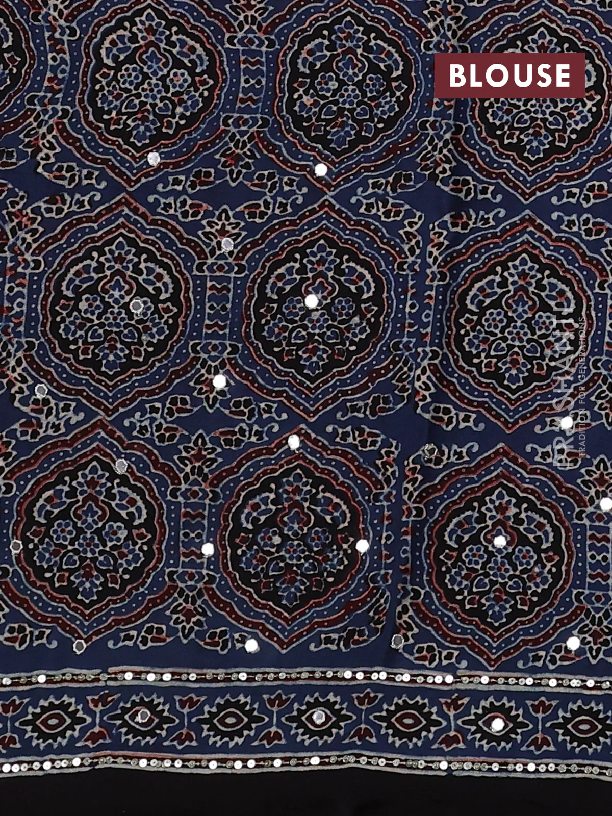 Modal silk saree blue and black with allover ajrakh prints & sequin work and sequin embroidered work pallu - Image 3