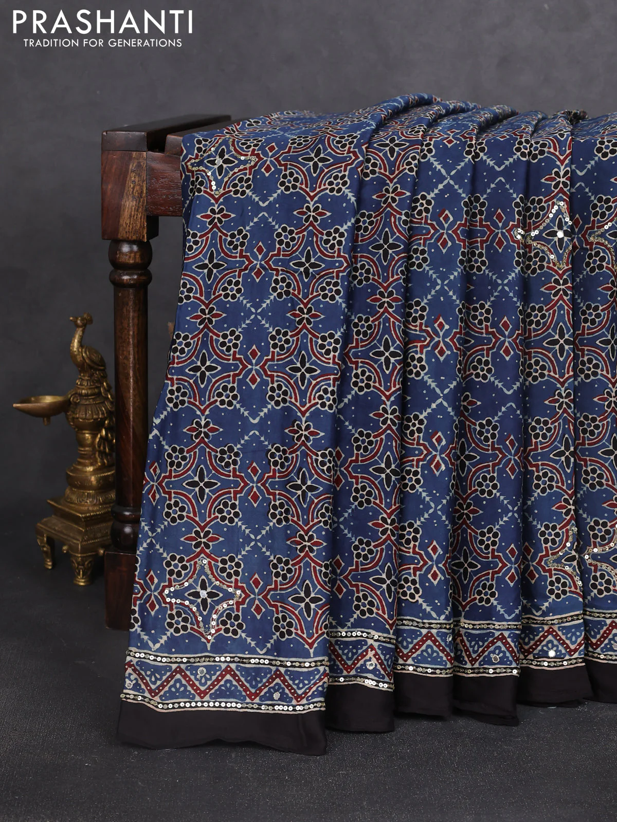 Modal silk saree blue and black with allover ajrakh prints & sequin work and sequin embroidered work pallu
