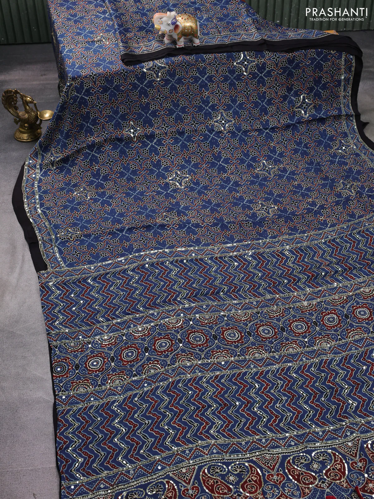 Modal silk saree blue and black with allover ajrakh prints & sequin work and sequin embroidered work pallu - Image 2