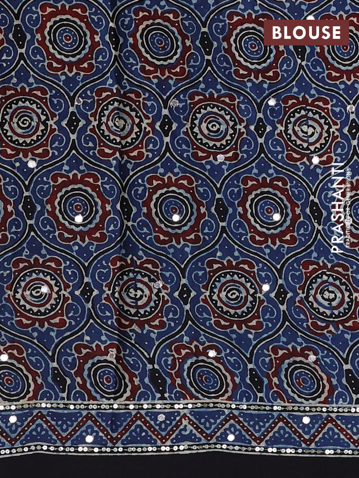 Modal silk saree blue and black with allover ajrakh prints & sequin work and sequin embroidered work pallu - Image 3