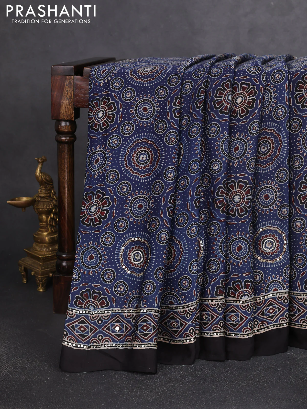 Modal silk saree blue and black with allover ajrakh prints & sequin work and sequin embroidered work pallu