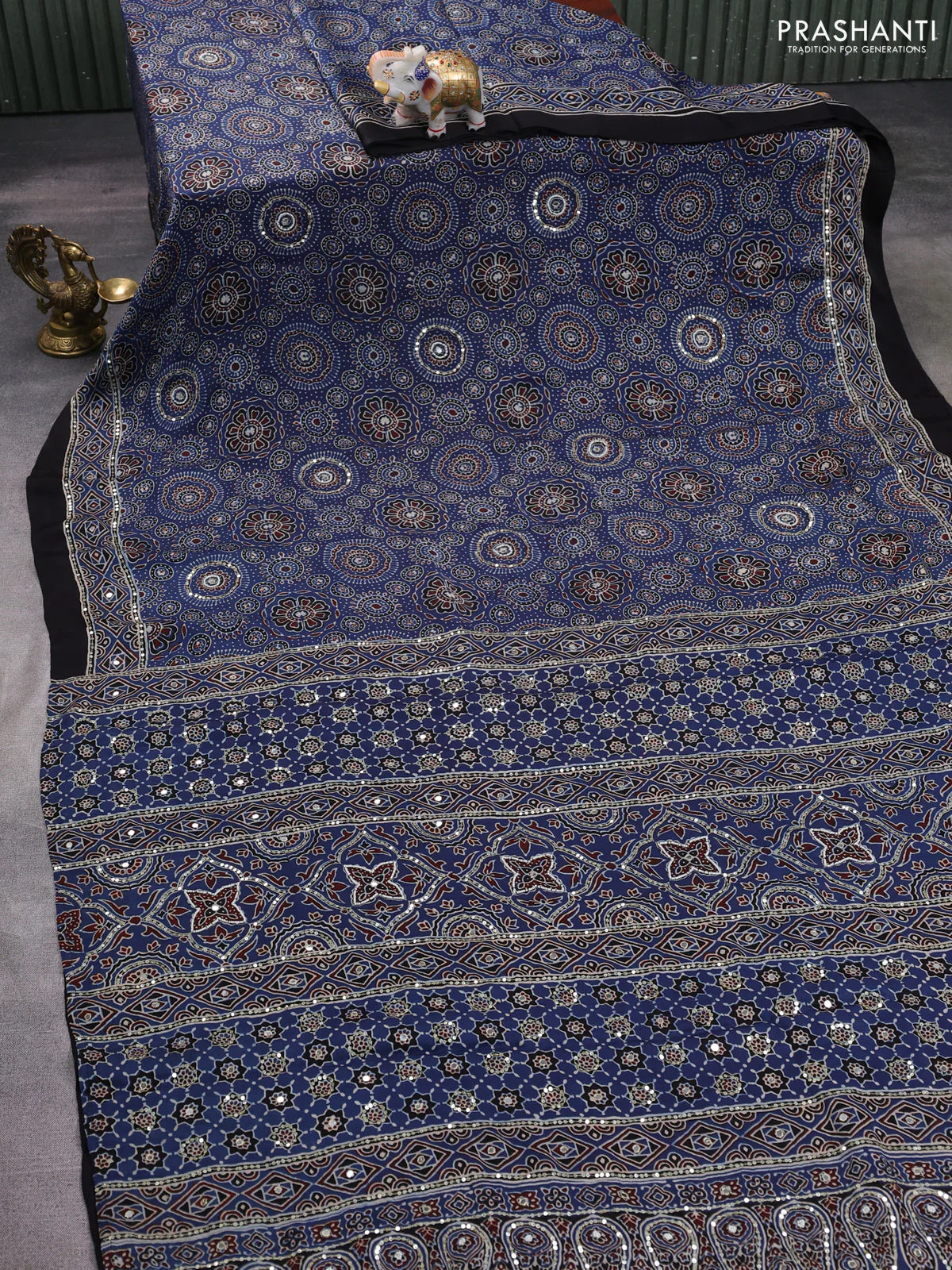 Modal silk saree blue and black with allover ajrakh prints & sequin work and sequin embroidered work pallu - Image 2